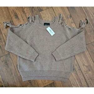 Adeline Taupe‎ Tan Chunky Cable Knit Cold Shoulder Lace Up Side Slit Sweater S/M